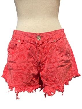 Oh Boy! Vibrant‎ Red Denim Jacquard Floral Pattern Cut Off Denim Summer Shorts